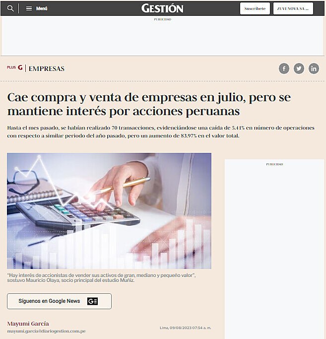 Cae compra y venta de empresas en julio, pero se mantiene inters por acciones peruanas